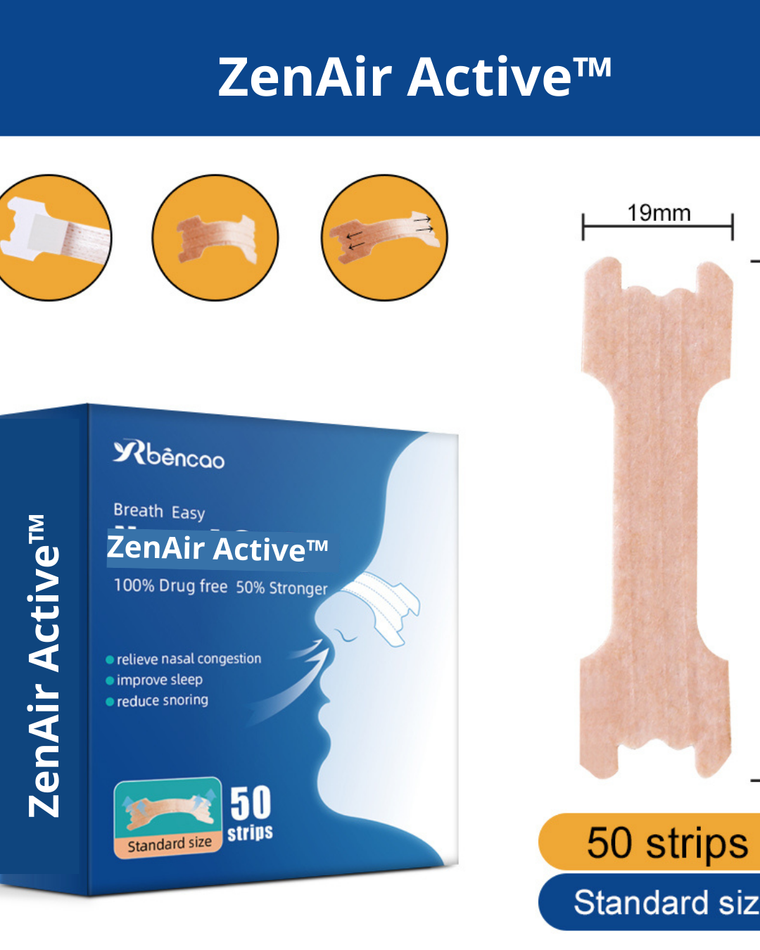 ZenAir Active™ Tiras nasales desechables diseñadas para tu comodidad y bienestar
